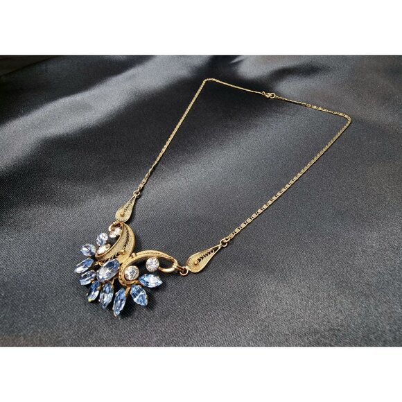 Rare Find Vintage Van Dell Gold-Tone Necklace With Blue Rhinestones Floral - Picture 1 of 5